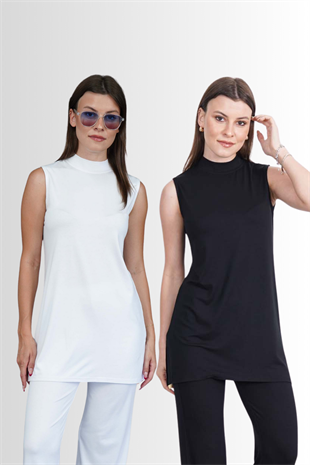 Viskon Kolsuz Tunik 2li Satış-Siyah-Beyaz