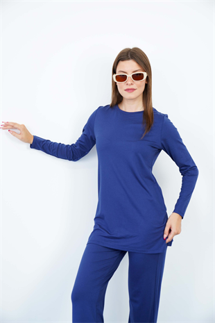 Bisiklet Yaka Viskon Tunik ve Pantolon Takım-Lacivert