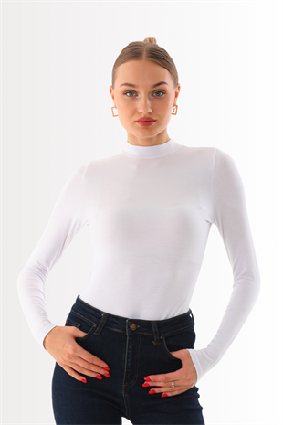 Kadın Viskon Boğazlı Çıtçıtlı Zıbın Body-Beyaz