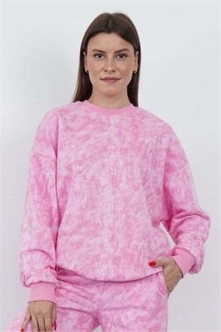 Valeria Kadın 3 İplik Şardonsuz Pamuk Oversize Bisiklet Yaka Sweatshirt-Pembe Baskılı