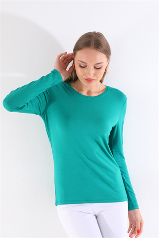 Kadın Zarif İnce Gösteren Viskon Tişört-Okyanus Yeşili