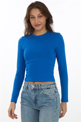 Likralı Pamuk Crop Tişört-Slim Fit -Saks