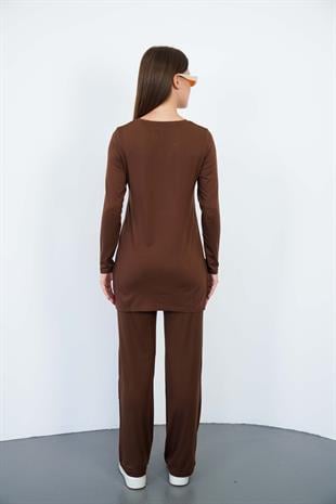 Kadın Viskon Full Likra Tunik-Kahve