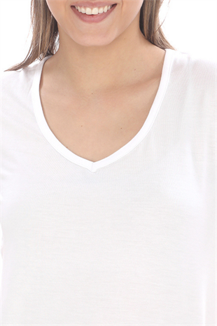 Kadın V Yaka Viscon Tişört-Beyaz