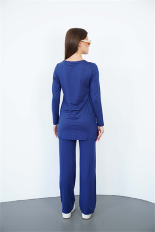 Bisiklet Yaka Viskon Tunik ve Pantolon Takım-Lacivert