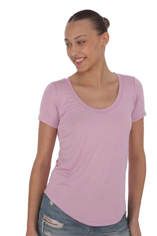 Viskon Dökümlü Dekolte Yaka Tişört-Lavanta Pembesi 