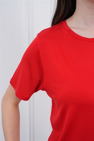 Viskon Dökümlü Tişört-Kırmızı