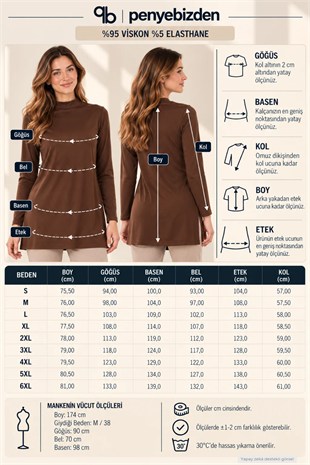Premium Viskon Dik Yaka Uzun Tunik-Kahverengi