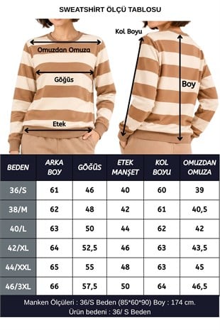 Kadın Bisiklet Yaka Sweatshirt Normal Kalıp Uzun Kollu-Bej Çizgili