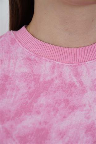 Valeria Kadın 3 İplik Şardonsuz Pamuk Oversize Bisiklet Yaka Sweatshirt-Pembe Baskılı