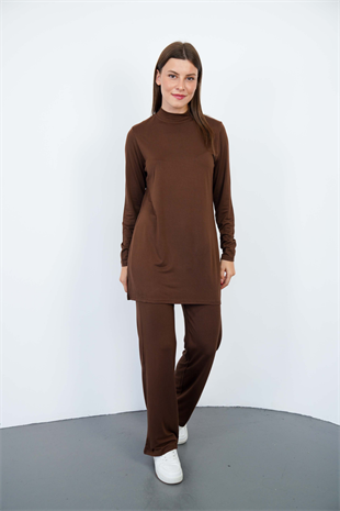 Viskon Tunik ve Pantolon Takım-Kahverengi