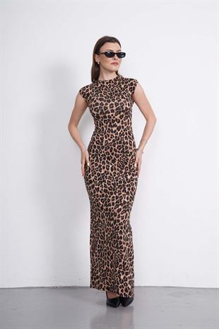 Leopar Desen Uzun Elbise-Leopar