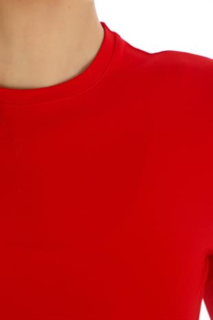 Likralı Pamuk Crop Tişört- Slim Fit-Kırmızı