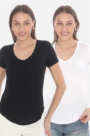 Extra Yumuşak Viscon 2li Tişört -Siyah-Beyaz