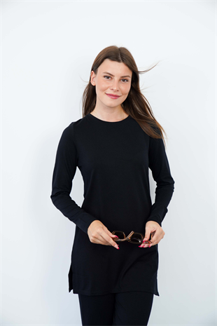 Bisiklet Yaka Viskon Tunik ve Pantolon Takım-Siyah