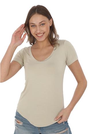 Viskon Dökümlü Dekolte Yaka Tişört-Bej