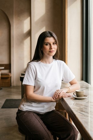 Viskon Dökümlü Tişört-Ekru