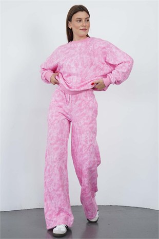 Oversize Sweatshirt & Geniş Paça Eşofman Altı Takım-Pembe Baskılı