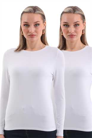 Kadın Modal  Tişört 2li Paket-Beyaz-Beyaz 