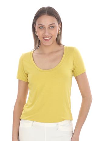 Viskon Dökümlü Dekolte Yaka Tişört-Gold