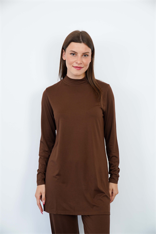 Viskon Tunik ve Pantolon Takım-Kahverengi