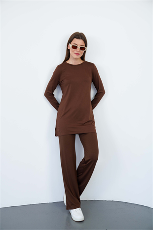 Bisiklet Yaka Viskon Tunik & Pantolon Takım-Kahverengi