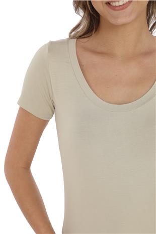 Viskon Dökümlü Dekolte Yaka Tişört-Bej