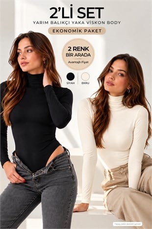 Kadın Viskon Tam Balıkçı Yaka Çıtçıtlı Zıbın Body2li Satış-Siyah-Ekru