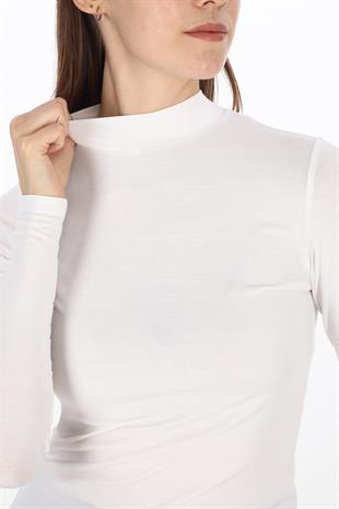 Kadın Modal Dik Yaka Slim Fit Tişört-Beyaz