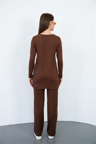 Bisiklet Yaka Viskon Tunik & Pantolon Takım-Kahverengi