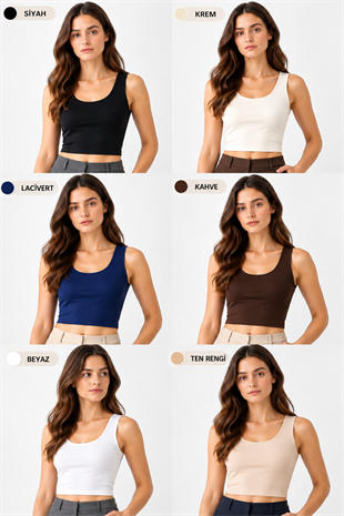 Crop Askılı Atlet 6lı Set Siyah-Beyaz-Lacivert-Kahverengi-Krem-Ten Rengi