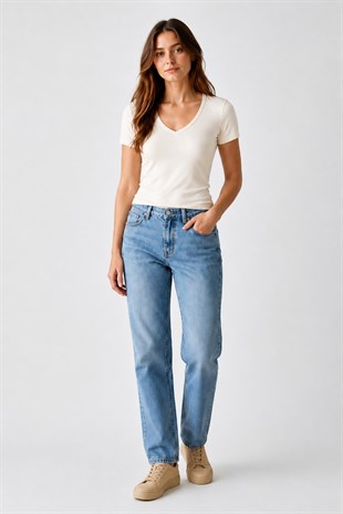 V Yaka Slim Fit Crop Tişört-Ekru