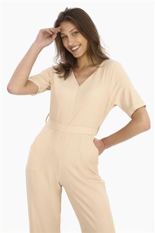 Kadın Krep Beli Kemerli ve Fermuarlı Tulum-Bej