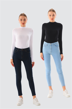 Kadın Viskon Boğazlı Kopçalı Zıbın Body 2li Set Siyah-Beyaz