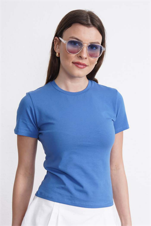 Crop Slim Fit Pamuk Likra Tişört-Koyu Mavi