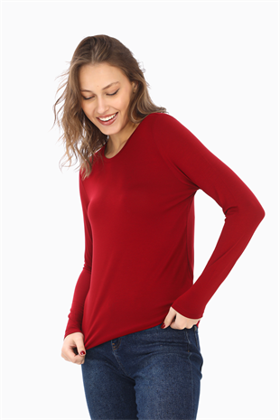 Kadın Zarif İnce Gösteren Viskon Tişört -Bordo