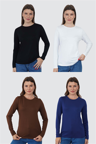 Kadın Viskon Tişört 4lü Set Siyah-Beyaz-Lacivert-Kahverengi