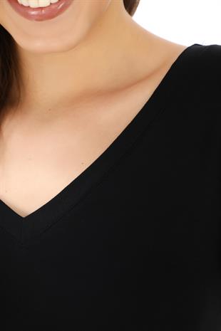 Yumuşak, Rahat ve Şık Viskon V Yaka Tişört-Siyah