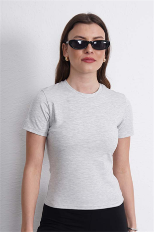 Crop Slim Fit Pamuk Likra Tişört-Kar Melanj