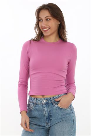 Likralı Pamuk Crop Tişört-Slim Fit -Koyu Pembe