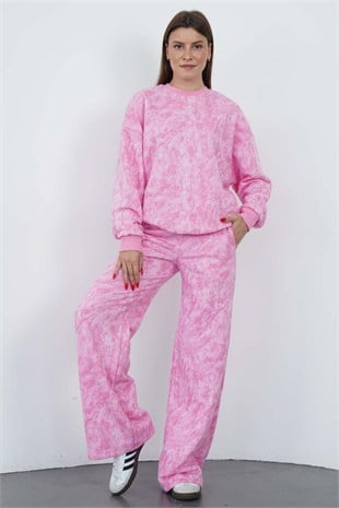 Oversize Sweatshirt & Geniş Paça Eşofman Altı Takım-Pembe Baskılı