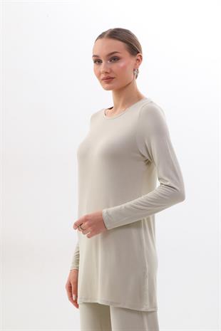 Kadın Viskon Full Likra Tunik-Bej