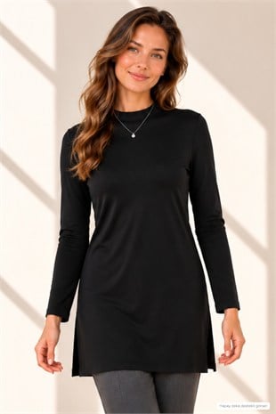 Premium Viskon Dik Yaka Uzun Tunik -Siyah
