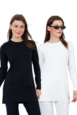Kadın Viskon Full Likra Tunik 2li Paket-Siyah-Beyaz