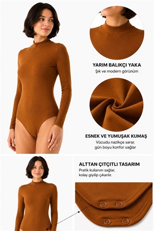 Kadın Viskon Boğazlı Çıtçıtlı Zıbın Body-Kahve