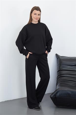Kadın Pamuk 3 İplik Şardonsuz Oversize Sweatshirt & Geniş Paça Eşofman Altı Takım-Siyah