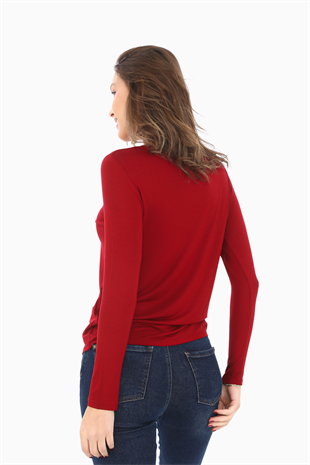 Kadın Zarif İnce Gösteren Viskon Tişört -Bordo