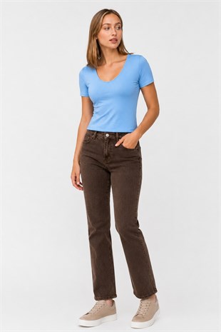 V Yaka Slim Fit Crop Tişört-Mavi