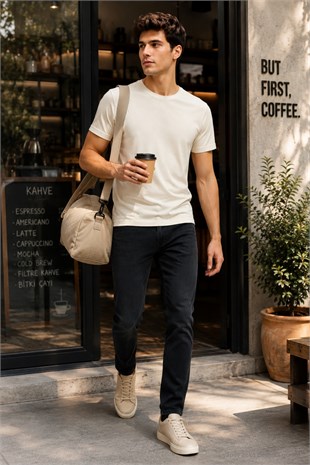 Erkek Basic Regular Fit %100 Pamuk Bisiklet Yaka T-Shirt-Krem