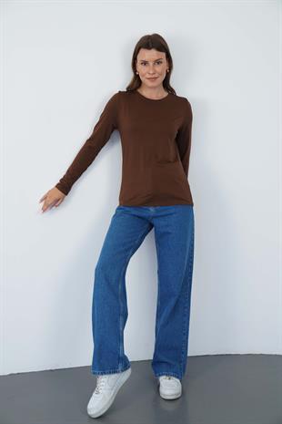 Kadın Zarif İnce Gösteren Viskon Tişört-Kahve